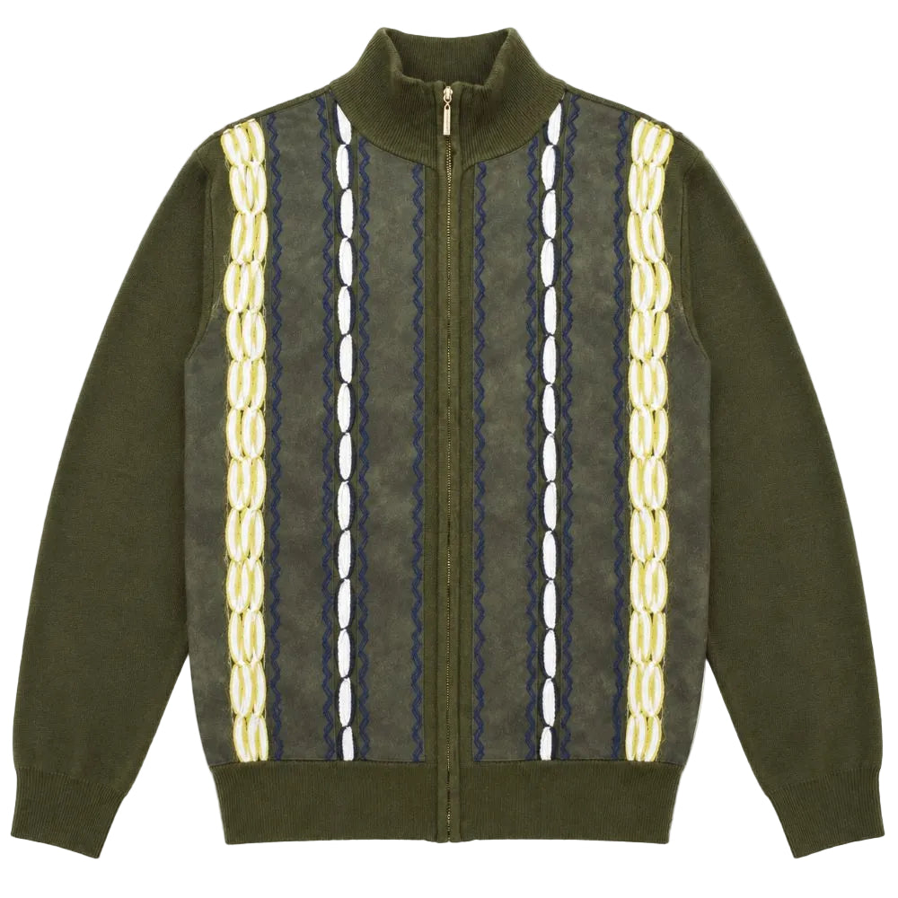 Olive Suede Embroidered Full-Zip Sweater
