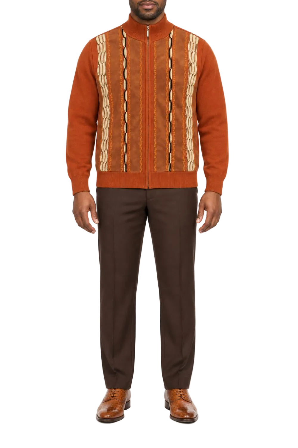 Rust men's full zip sweater with beige and brown textured vertical panels