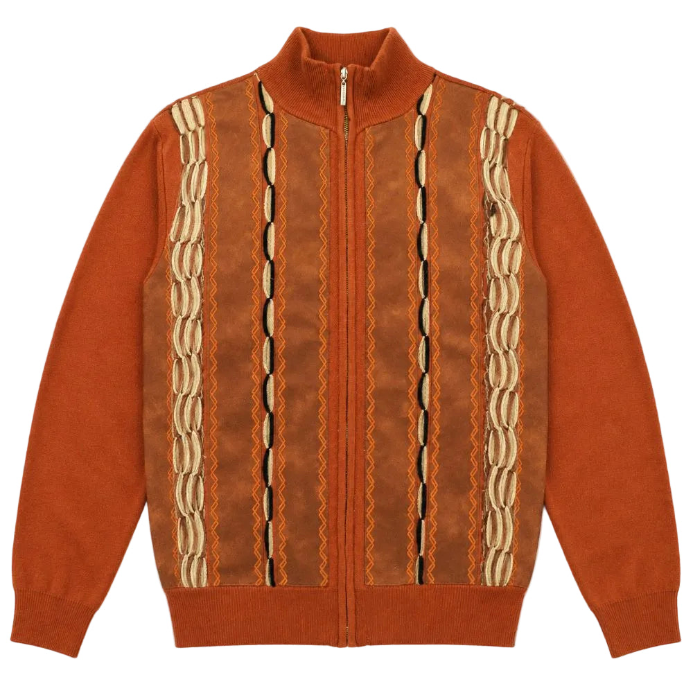 Rust Suede Embroidered Full-Zip Sweater