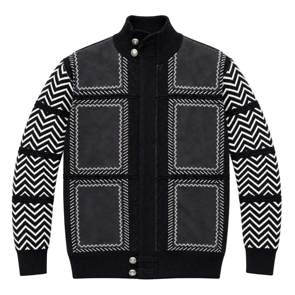 Black Suede Patch Zig Zag Full Zip Sweater