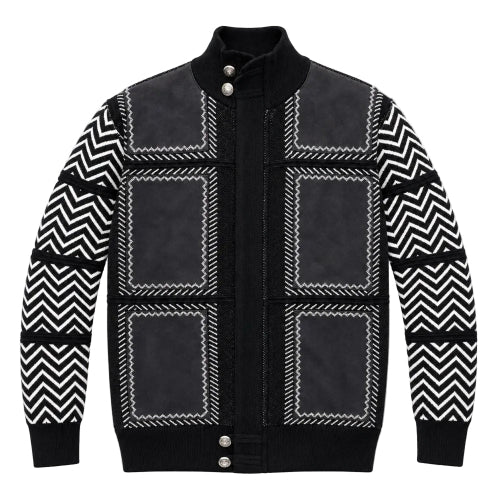 Black men's mock-neck full-zip sweater with suede patch accents and zigzag design