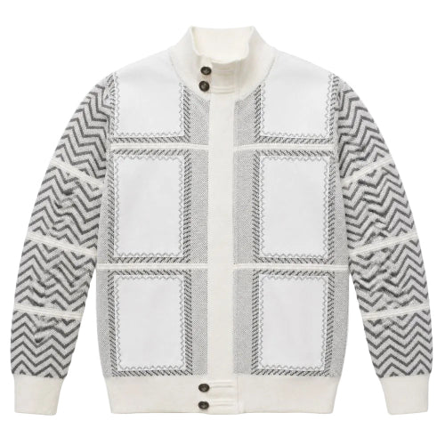 Pull homme crème à col montant et zip intégral avec empiècements en suède et motif zigzag