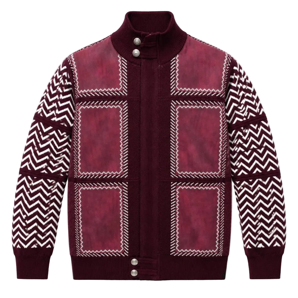 Wine Suede Patch Zig Zag Full Zip Sweater