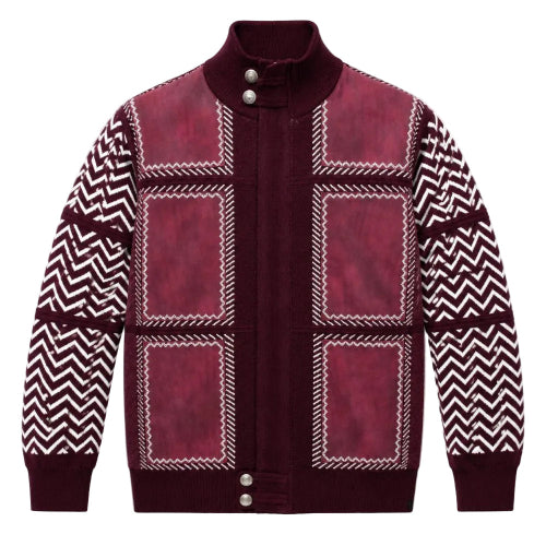 Pull homme couleur vin à col montant et zip intégral avec empiècements en suède et motif zigzag