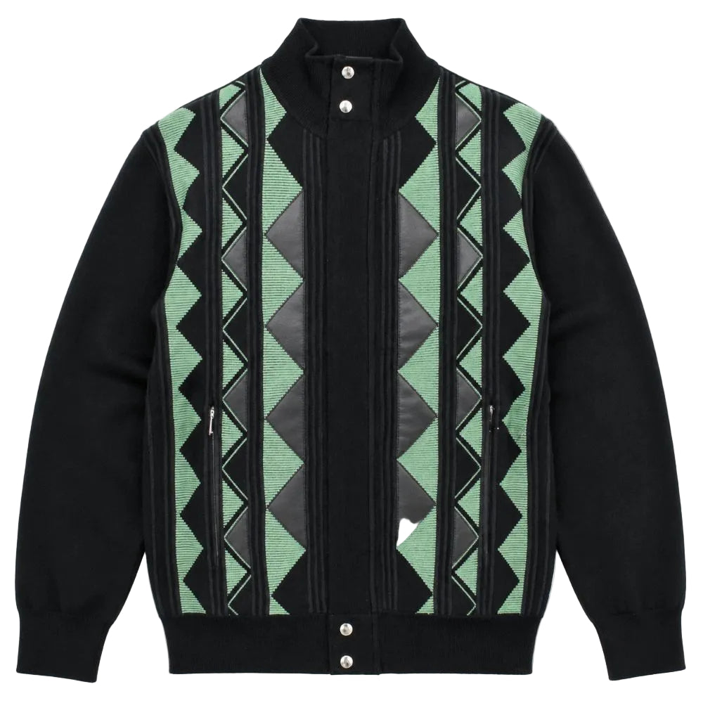 Diamond Suede Front Zip Sweater - Black/Green