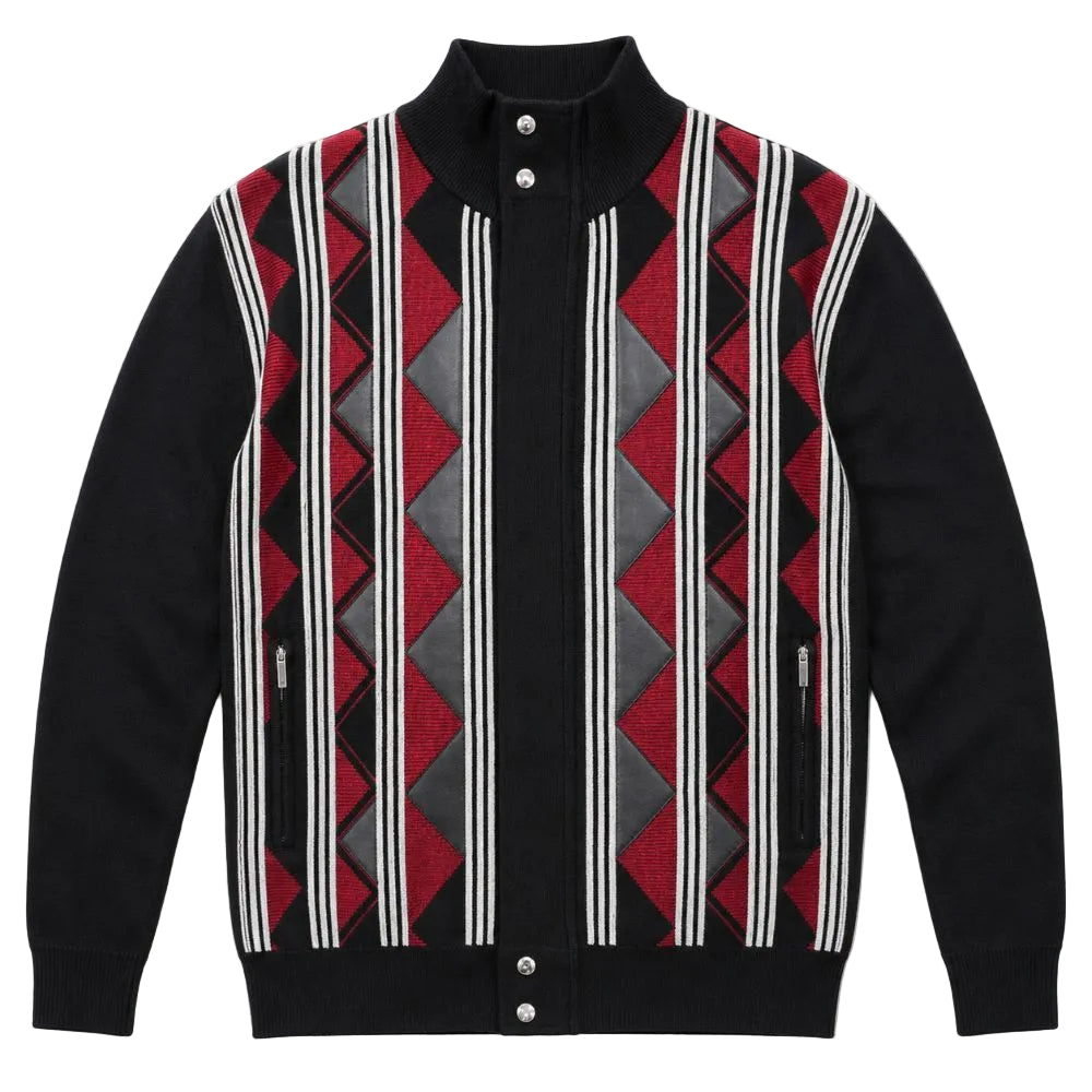 Diamond Suede Front Zip Sweater - Black/Red
