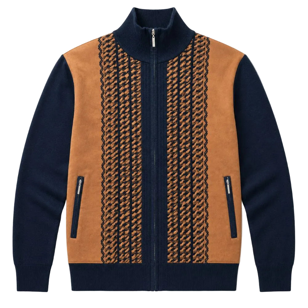 Navy Jacquard Suede Front Zip Sweater