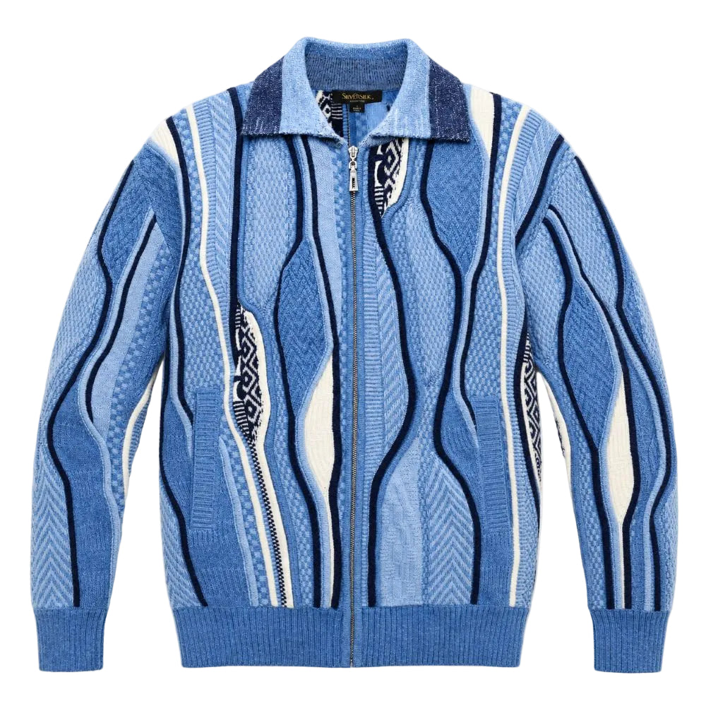 Men’s Abstract Wave Pattern Full-Zip Sweater - Blue
