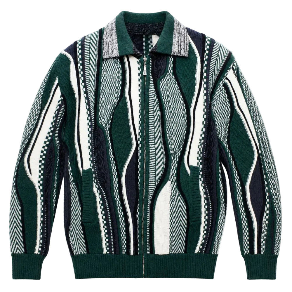 Men’s Abstract Wave Pattern Full-Zip Sweater - Green