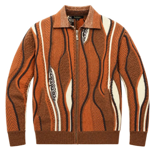 Rust men's wool-blend full-zip sweater with standard collar and abstract wave pattern