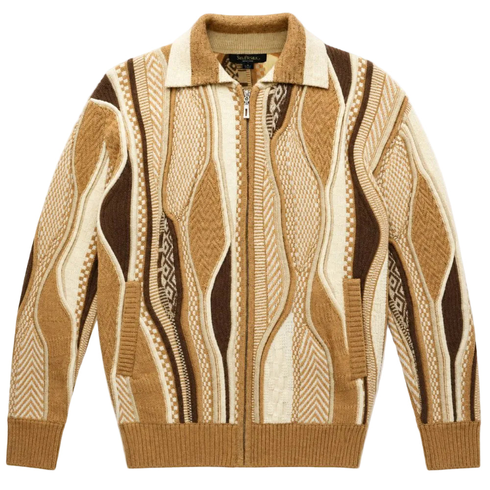 Men’s Abstract Wave Pattern Full-Zip Sweater - Tan
