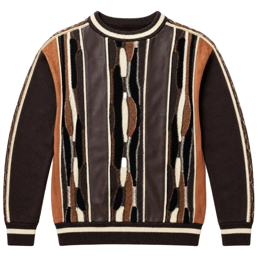 Stacy Adams - Brown Vertical Striped Mixed-Knit Crewneck Sweater