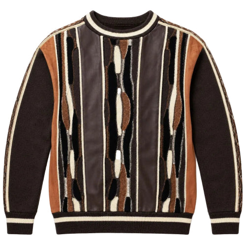 Brown men's mixed-knit crewneck sweater with vertical stripes and textured finish