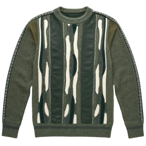 Dark green men's mixed-knit crewneck sweater with vertical stripes and textured finish