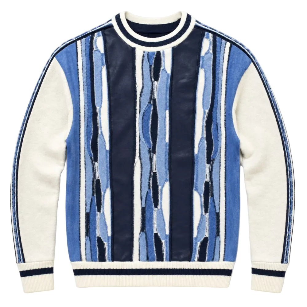 Stacy Adams - Navy Vertical Striped Mixed-Knit Crewneck Sweater