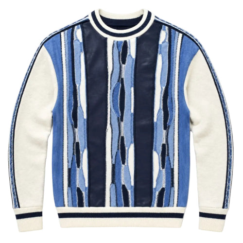 Navy men's mixed-knit crewneck sweater with vertical stripes and textured finish