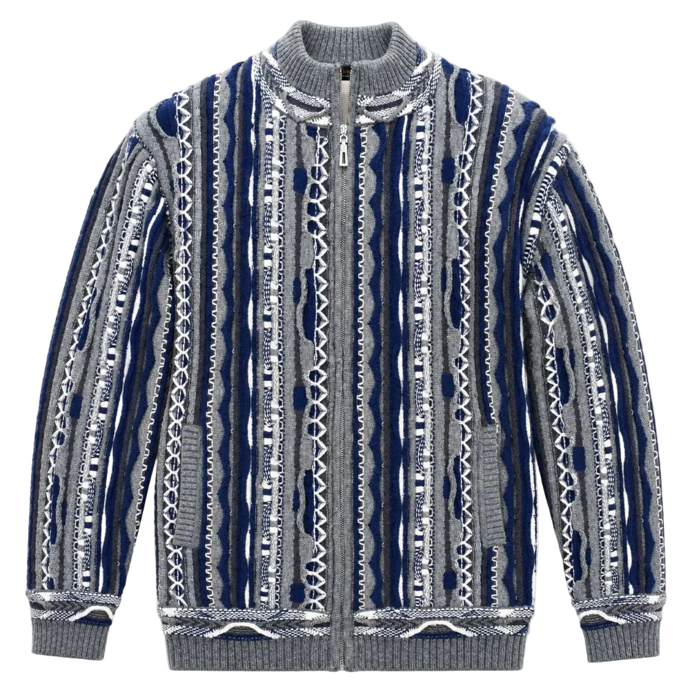 Mock Neck Full-Zip Sweater - Gray/Blue