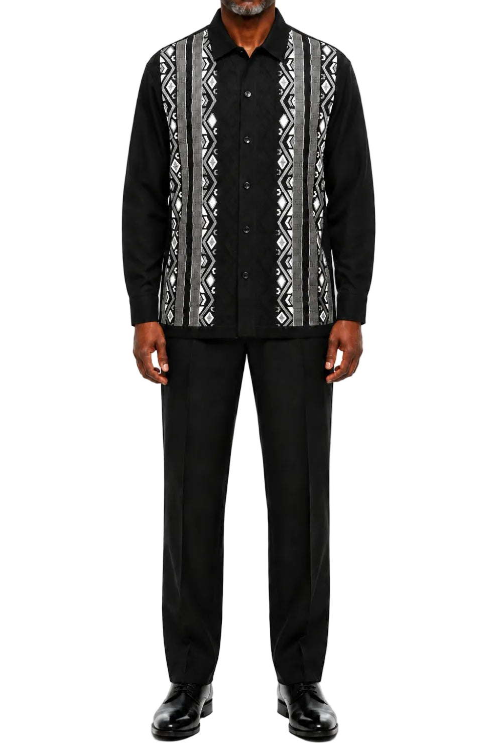 Men’s Geometric Jacquard Long-Sleeve Walking Suit Set - Black