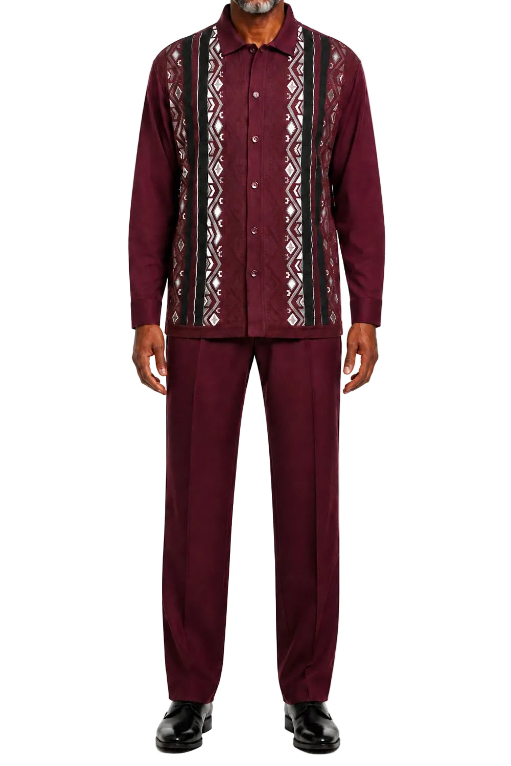 Men’s Geometric Jacquard Long-Sleeve Walking Suit Set - Wine