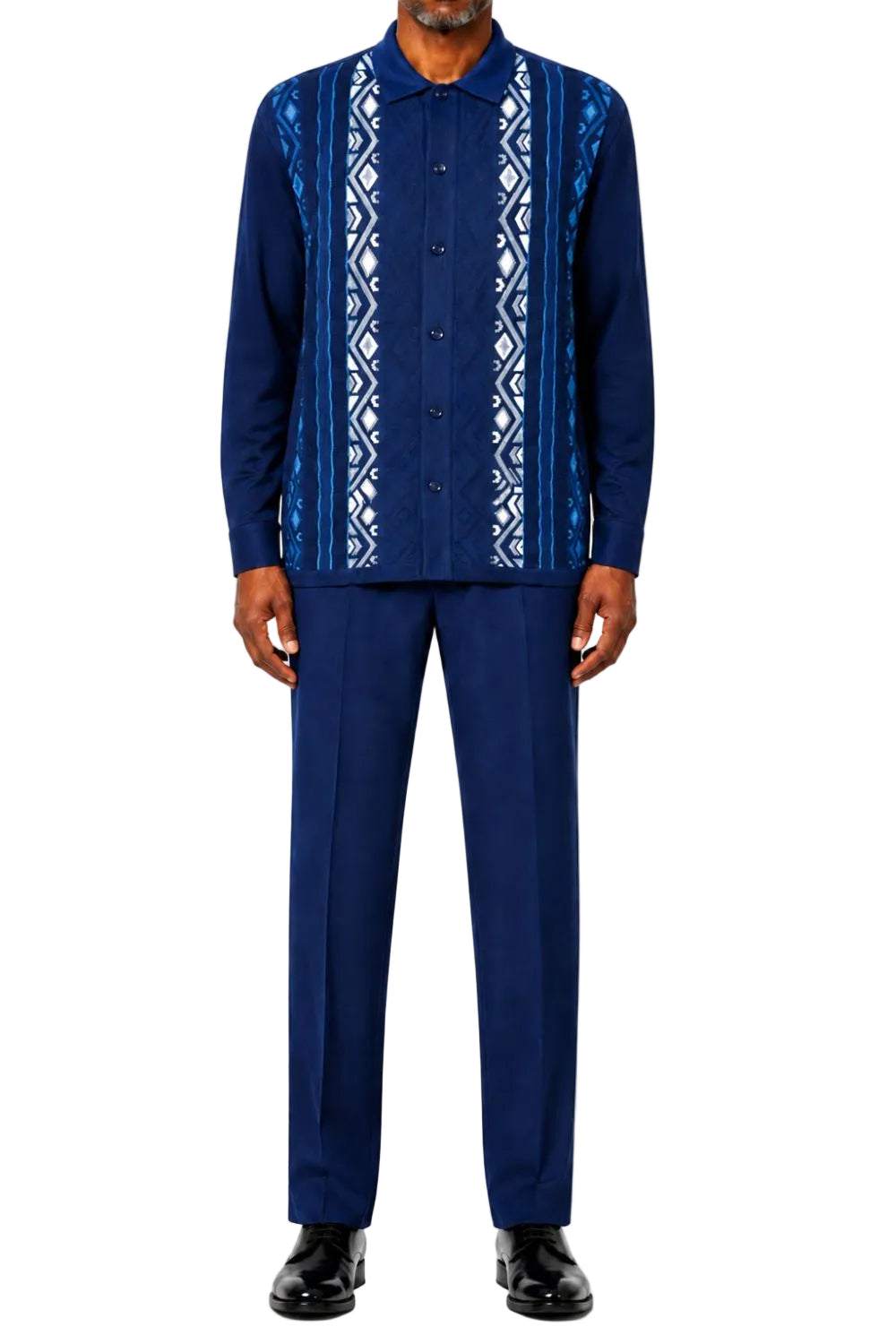 Men’s Geometric Jacquard Long-Sleeve Walking Suit Set - Navy