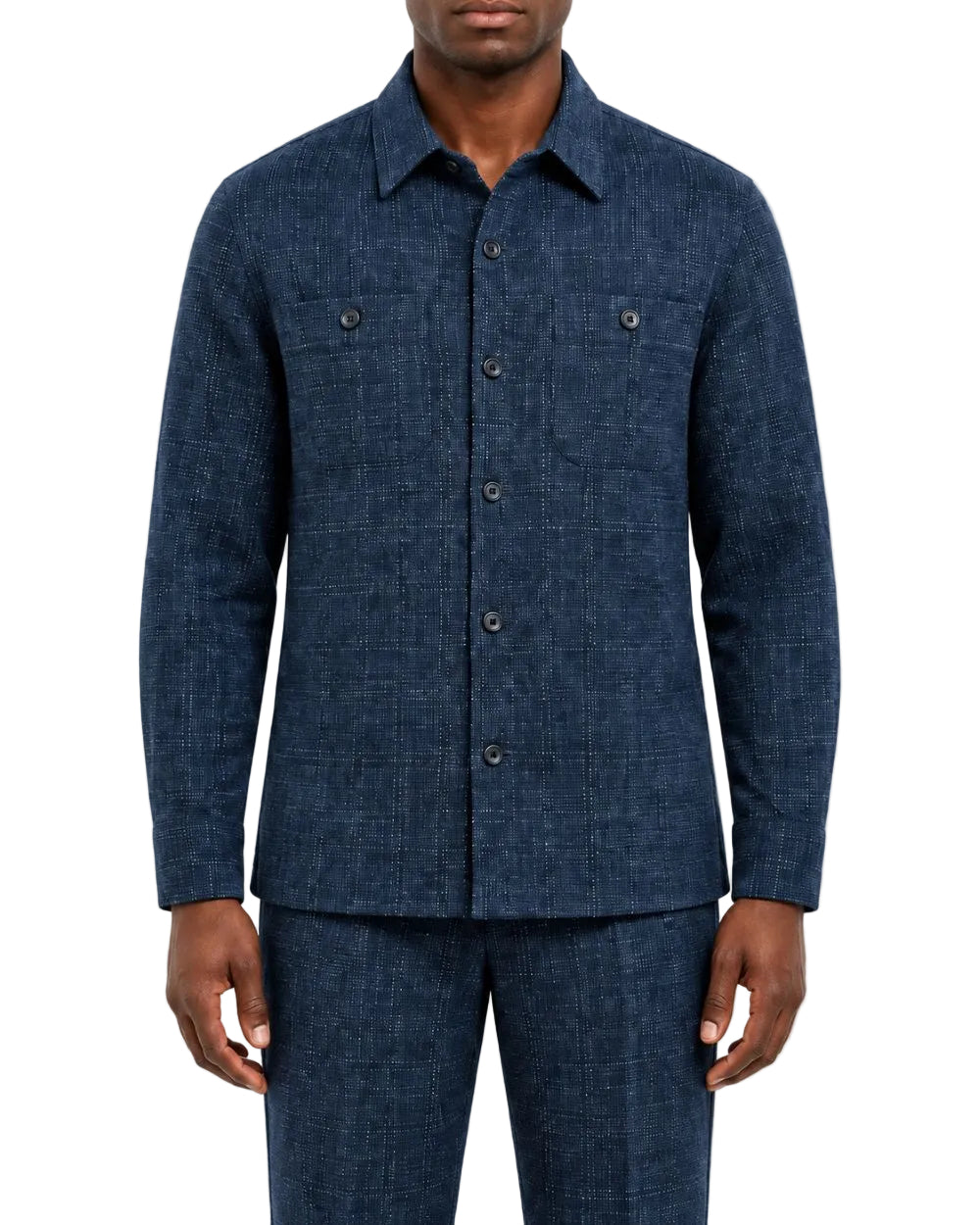 Conjunto de paseo azul marino para hombre con patrón texturizado y manga larga, vista frontal