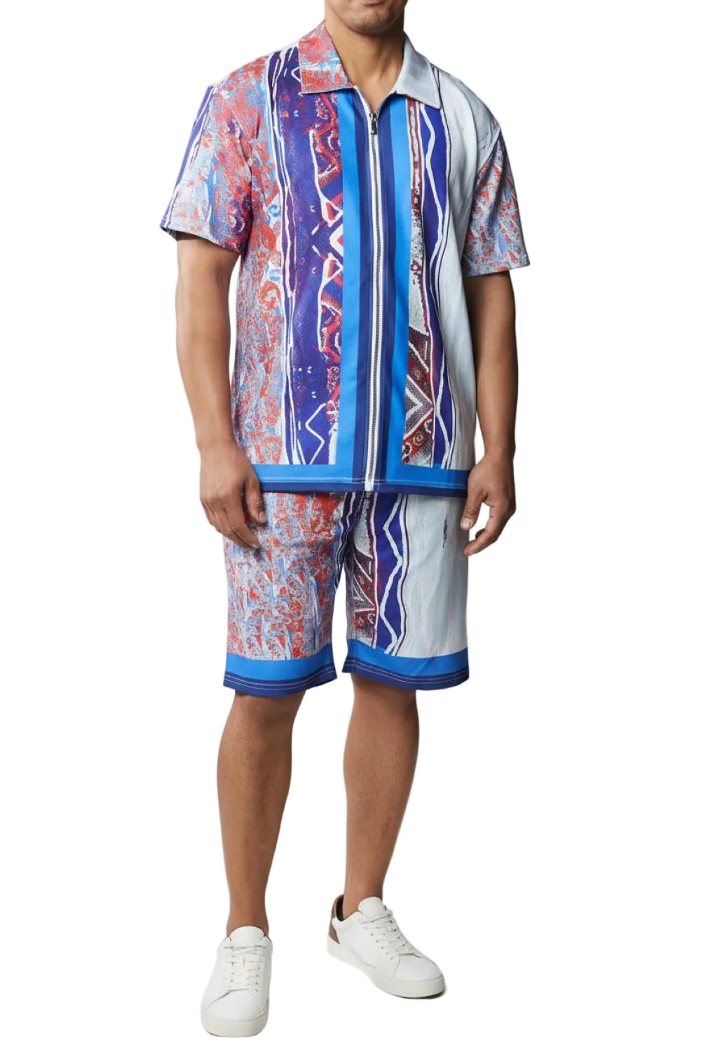 Stacy Adams - Men's Red Full Zip Walking Suit with Multi Color Shorts Set