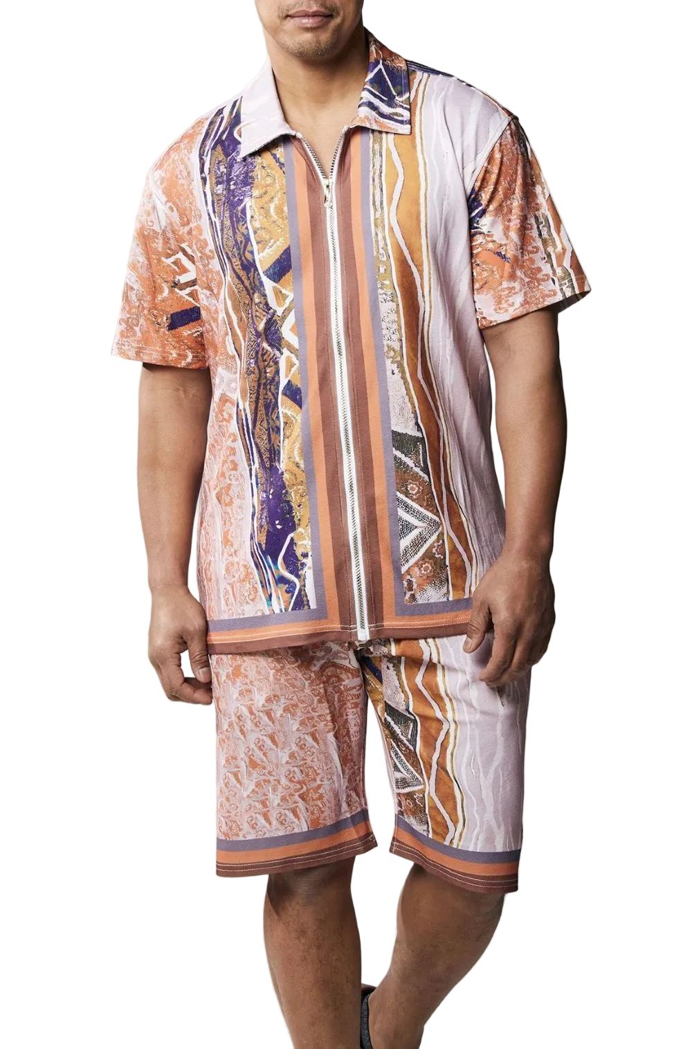 Stacy Adams - Men’s Brown Full Zip Walking Suit with Multi Color Shorts Set