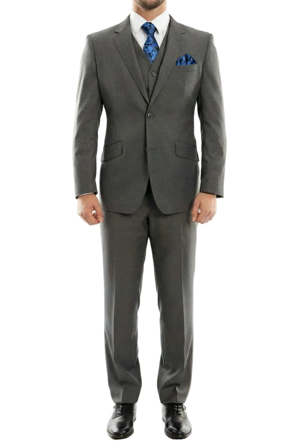 Gray suit with a blue tie and pocket square on a white background