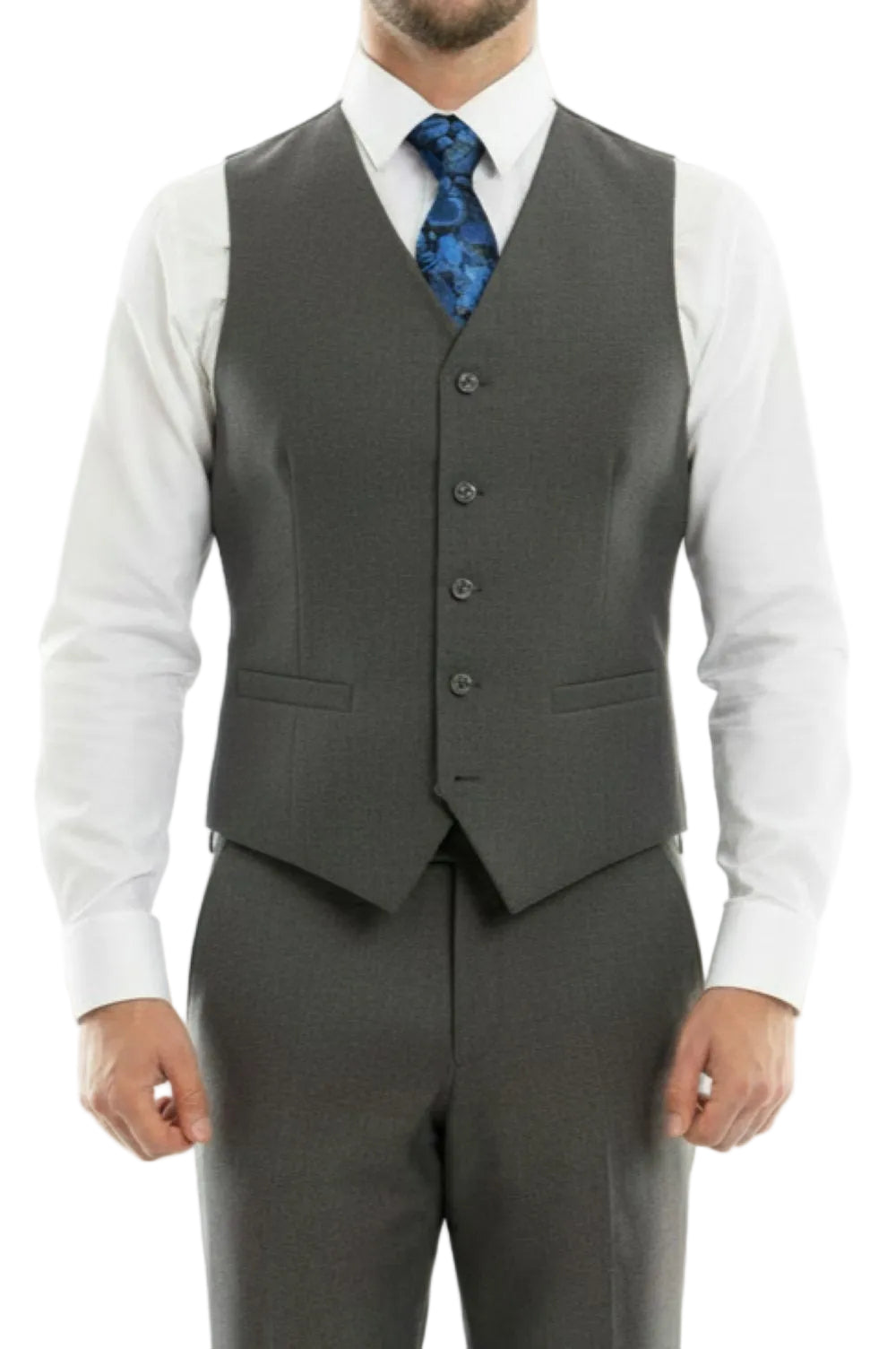 Gray vest and pants with a white shirt and blue tie on a white background