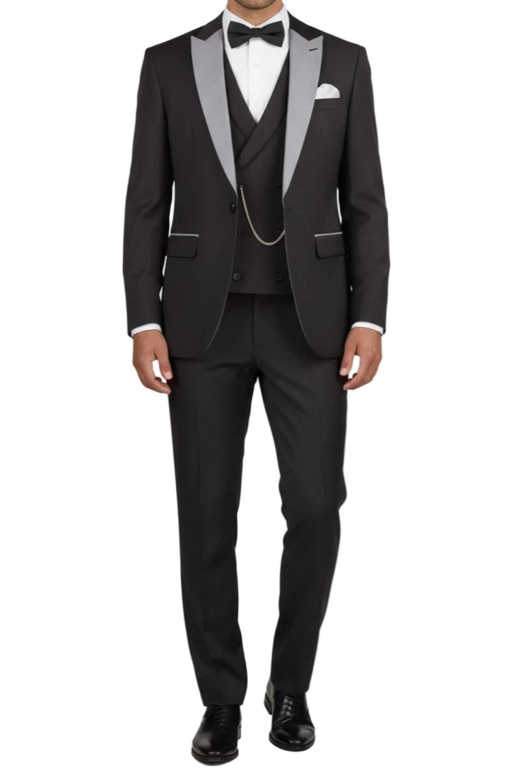 Black tuxedo with silver lapels on a white background