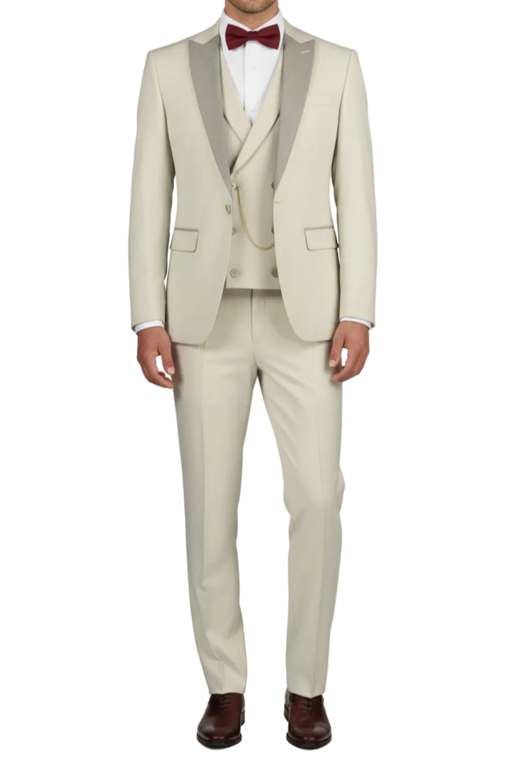 Beige suit with a bow tie on a white background