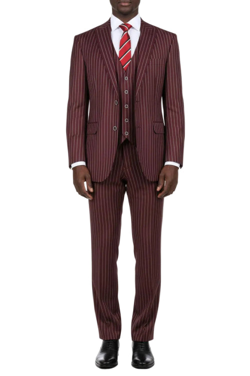 Burgundy pinstripe suit with a red tie on a white background