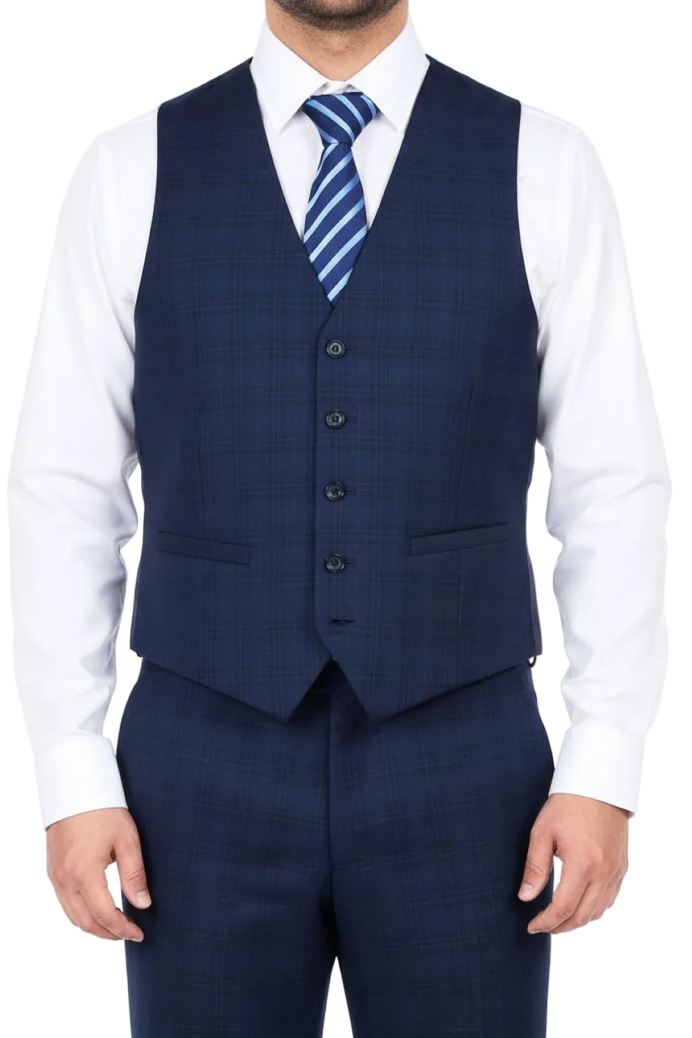 Man wearing a navy blue suit vest over a white shirt with a blue striped tie on a white background