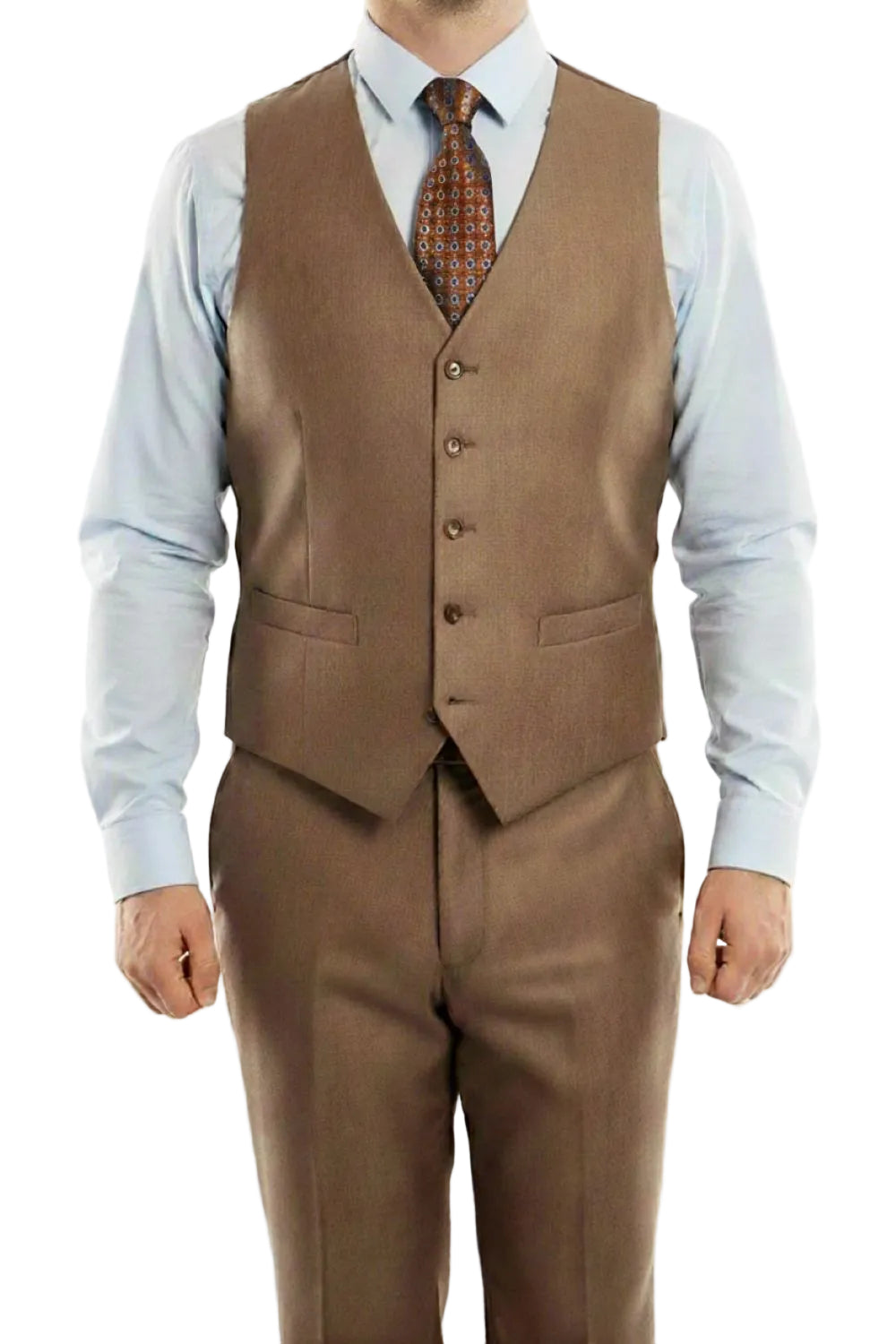 Brown suit vest and pants with a patterned tie on a white background
