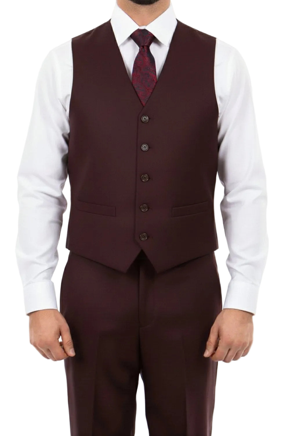 Man wearing a burgundy suit vest and pants with a white shirt and red tie on a white background