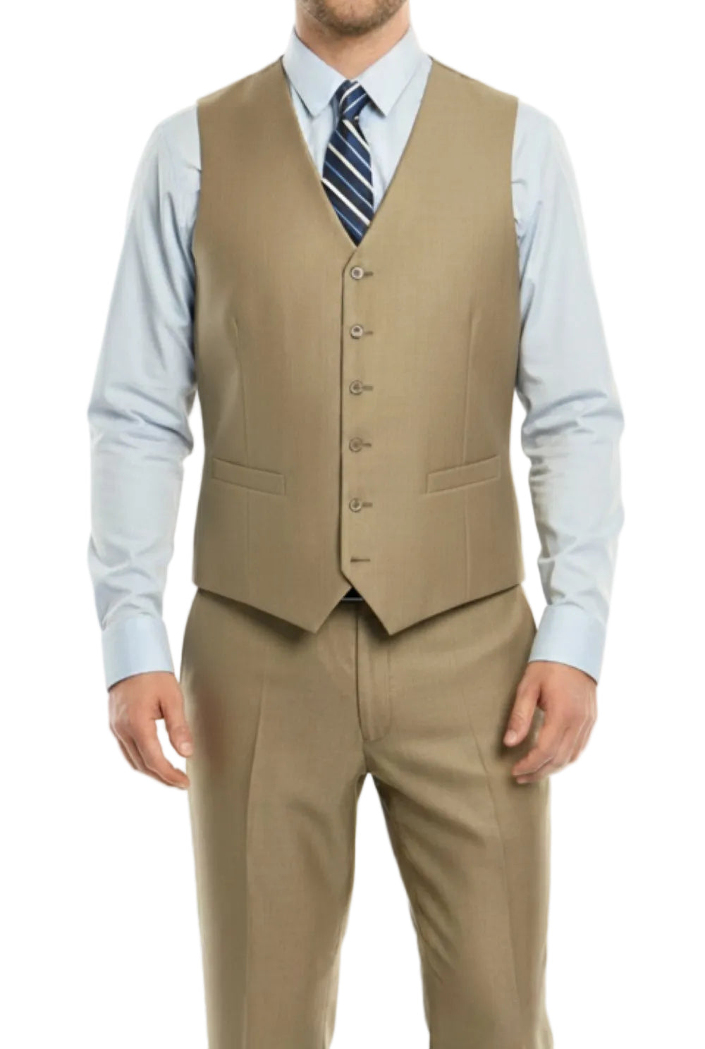 Man wearing a beige vest over a light blue shirt with a striped tie on a white background