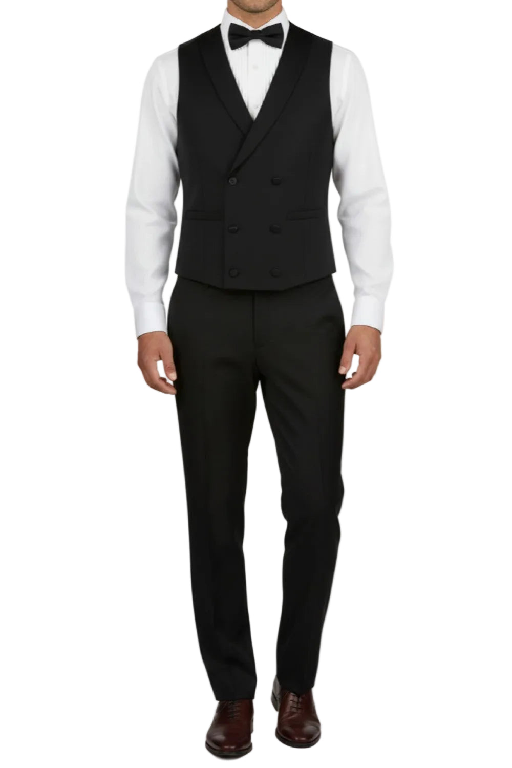 Black suit with white shirt and bow tie on a white background