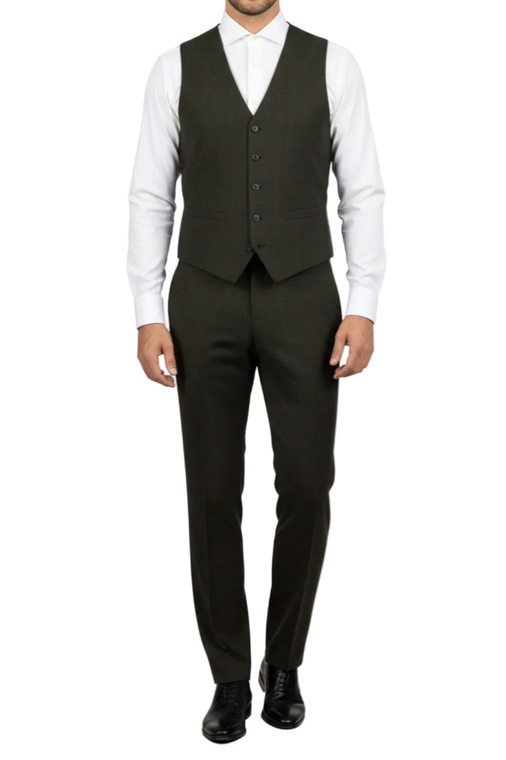 Man wearing a Olive green suit vest and pants with a white shirt on a white background