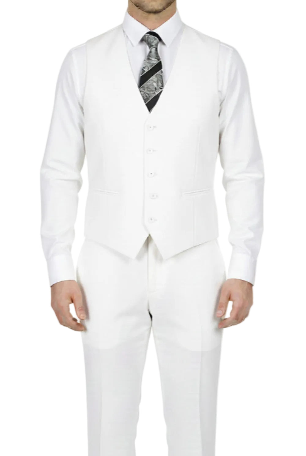 White suit with a vest and tie on a white background
