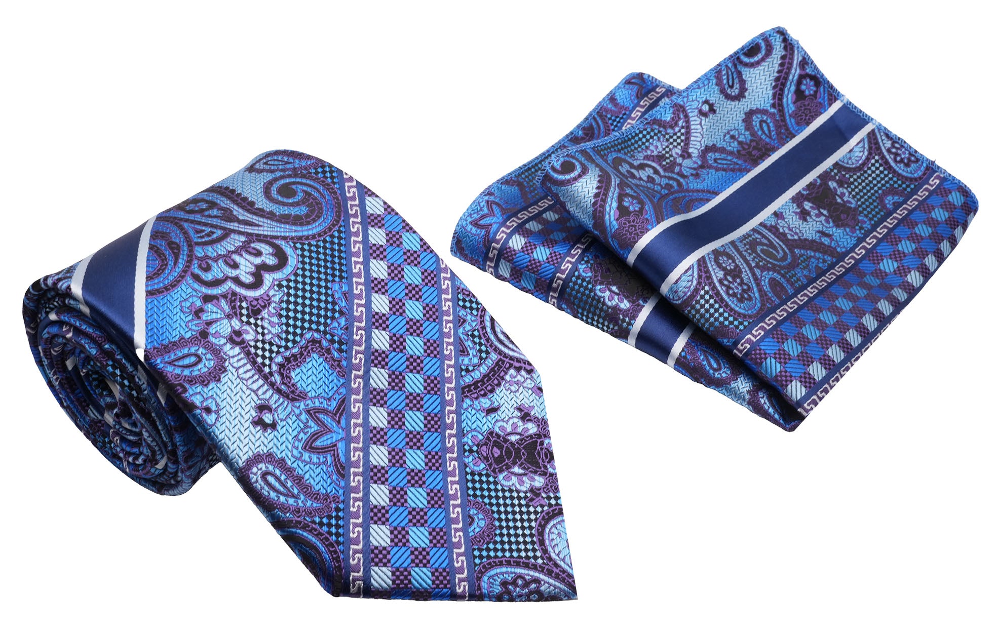 Blue Purple Wide Stripe Fret and Paisley Pattern Men's Classic Tie and Pocket Square Set