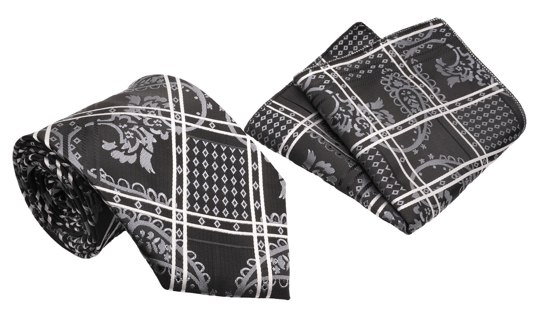Black White Diagonal Plaid Scroll Pattern Men's Classic Tie and Pocket Square Set