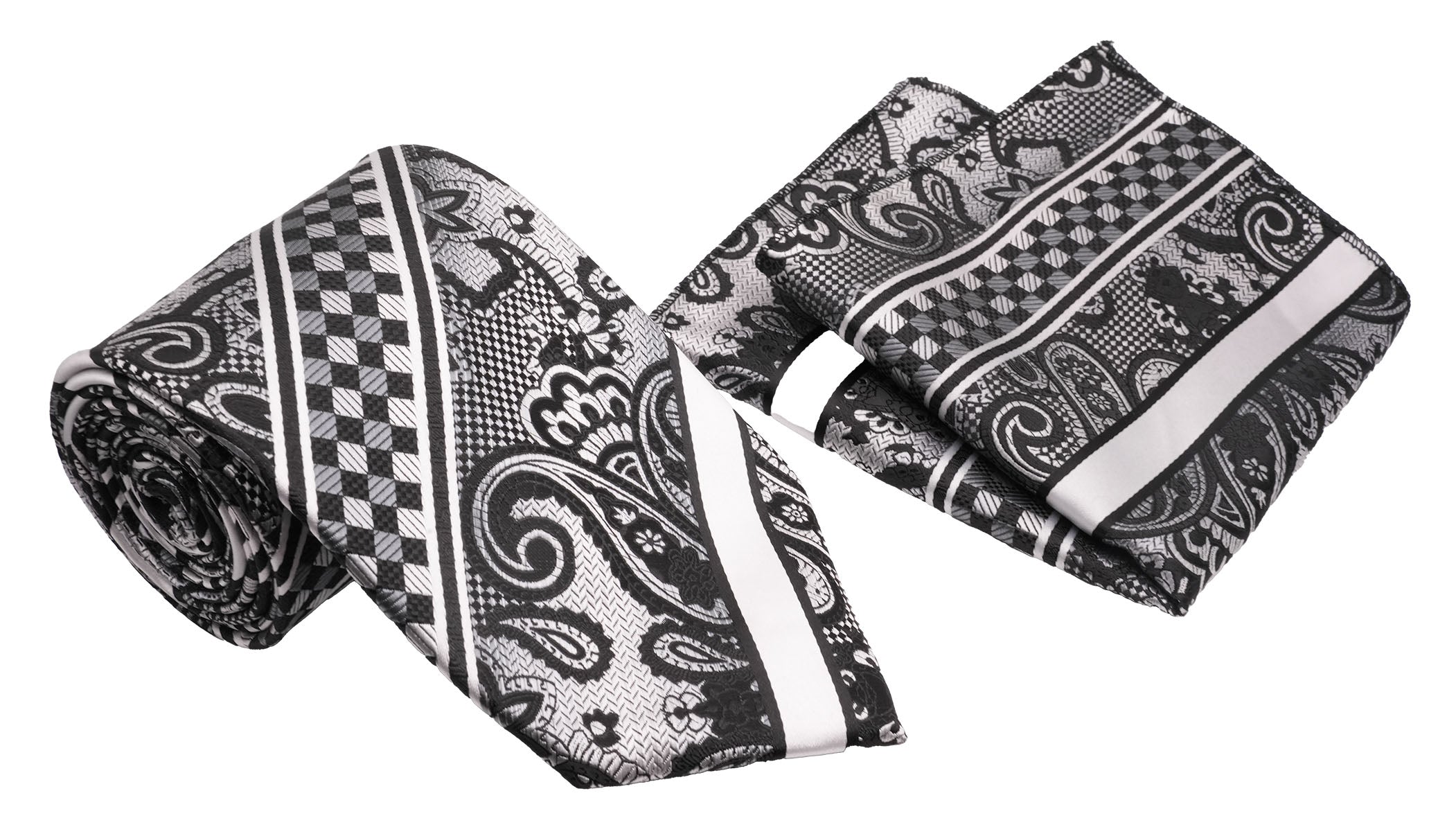 Black Sliver Checkered and Scroll Pattern Men's Classic Tie and Pocket Square Set