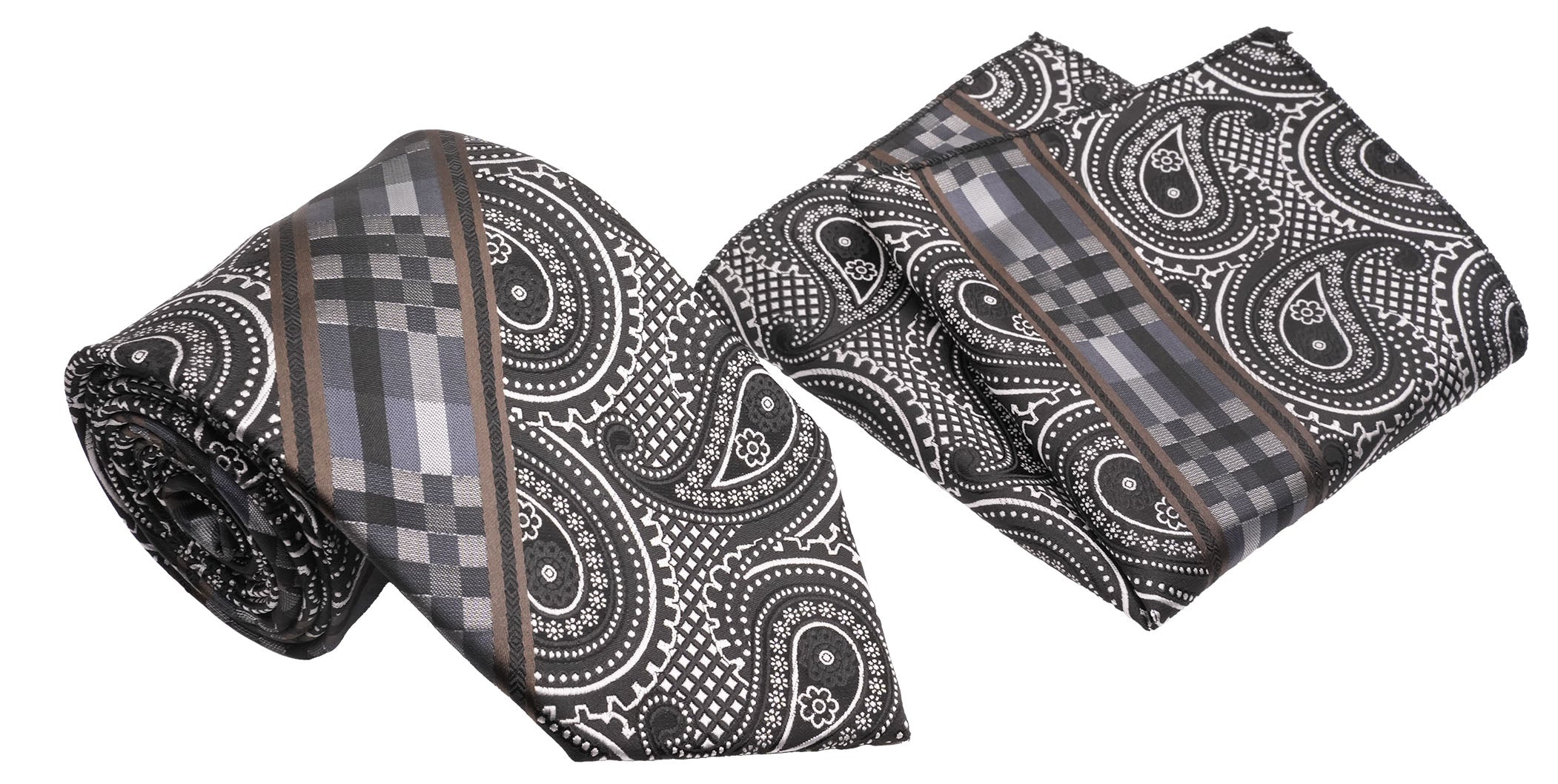 Black Brown Plaid and Paisley Pattern Men's Classic Tie and Pocket Square Set
