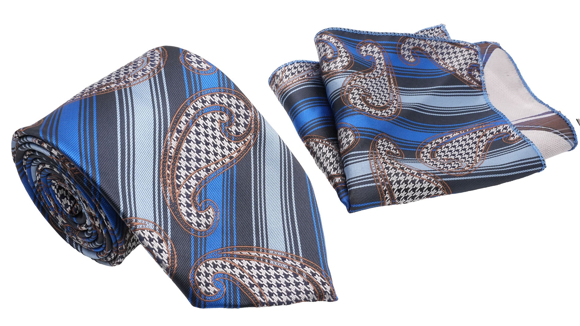 Blue Diagonal Houndstooth Paisley Pattern Men's Classic Tie and Pocket Square Set
