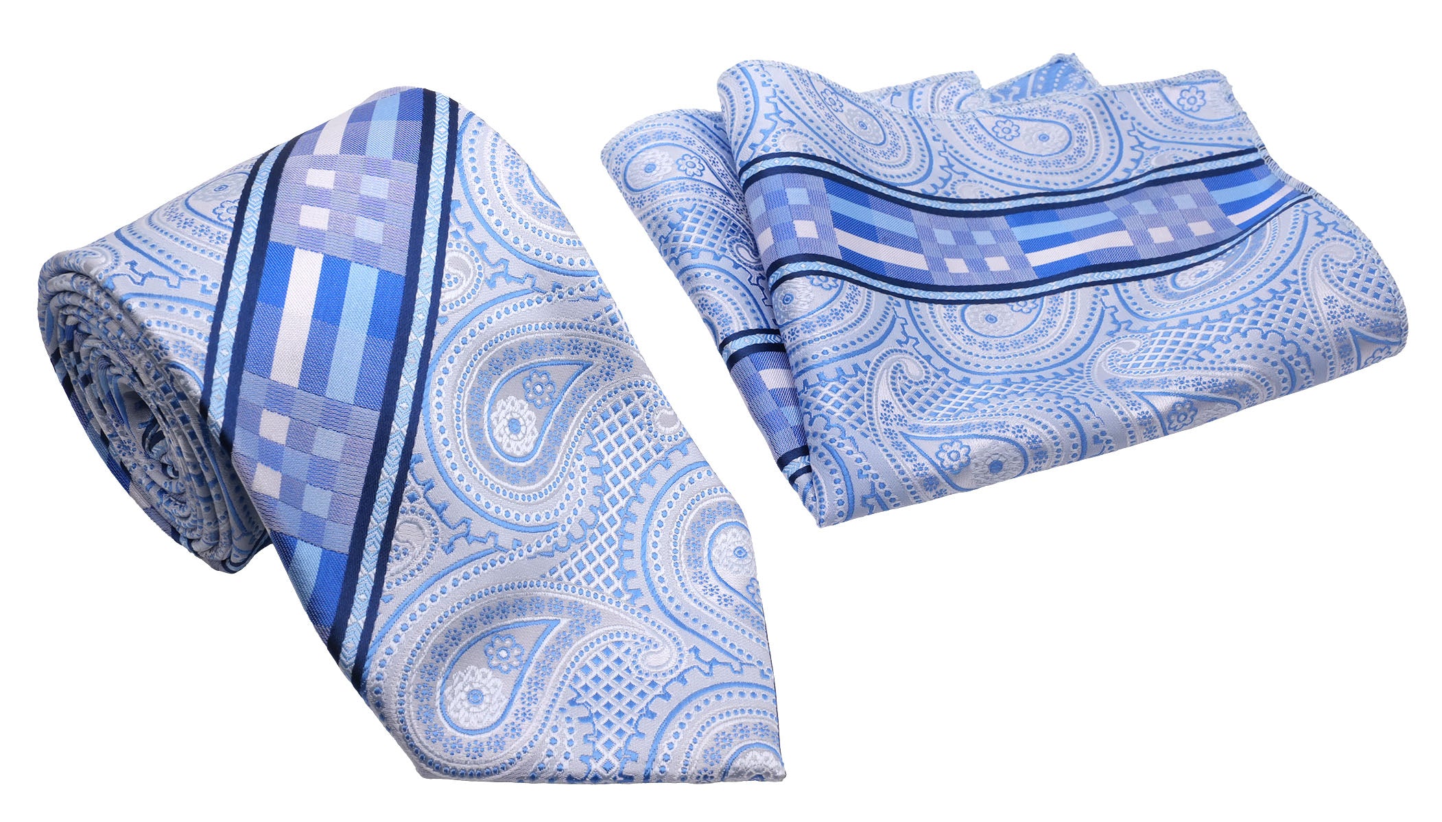 Light Blue Paisley Pattern Diagonal Plaid Men's Classic Tie and Pocket Square Set