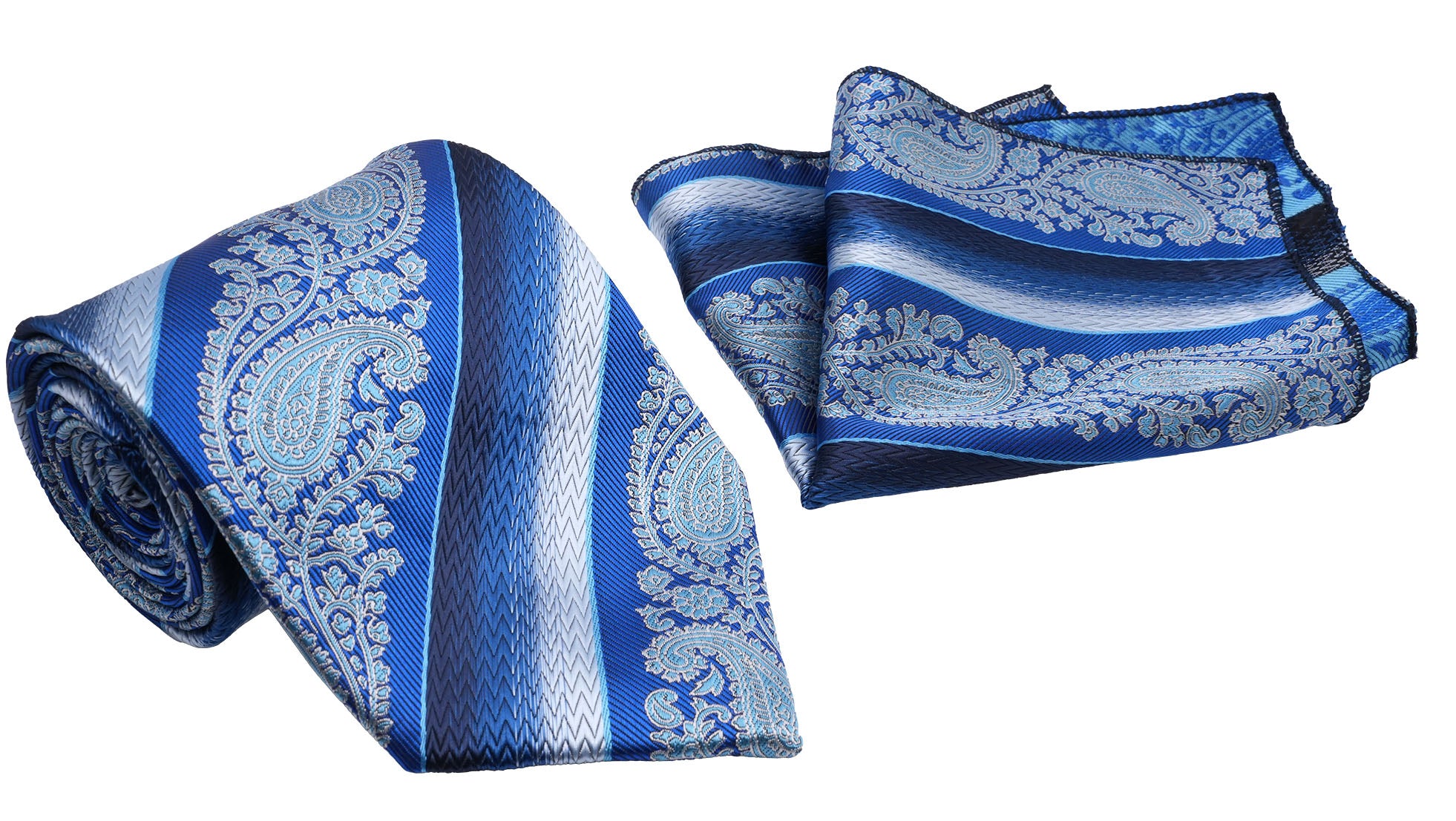 Blue Gradient Stripe and Paisley Pattern Men's Classic Tie and Pocket Square Set