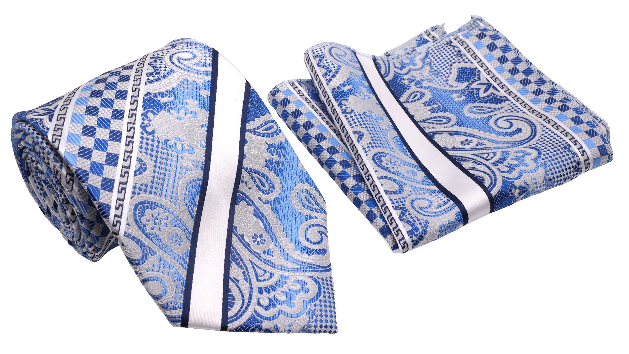 Blue Silver Wide Stripe Fret and Paisley Pattern Men's Classic Tie and Pocket Square Set