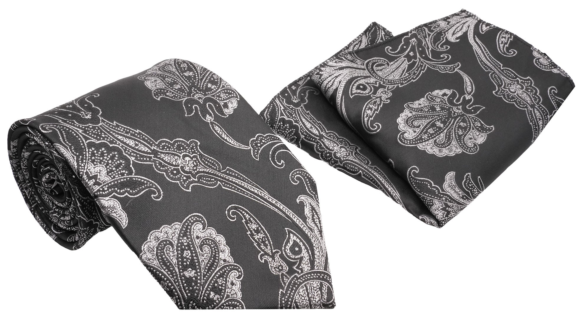 Black Silver Jacobean Pattern Men's Classic Tie and Pocket Square Set