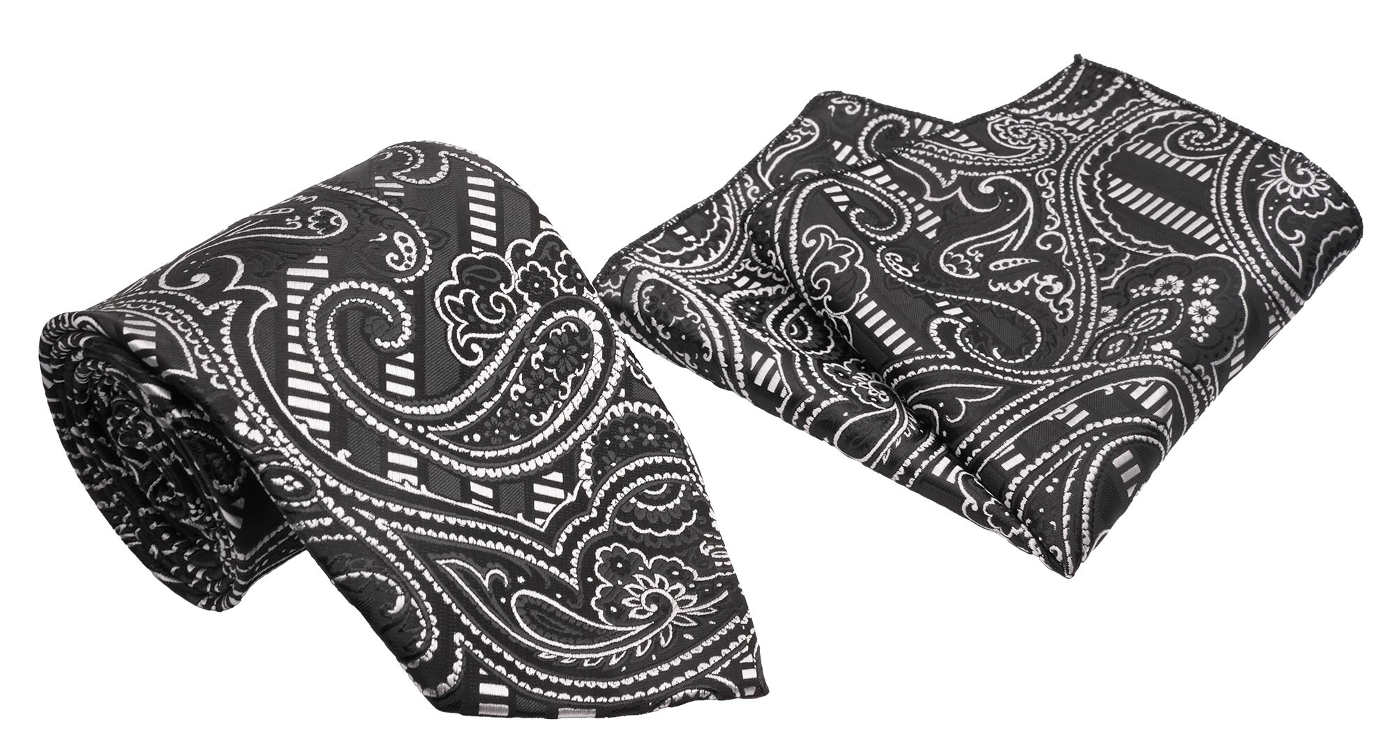 Black Silver Paisley Pattern Men's Classic Tie and Pocket Square Set