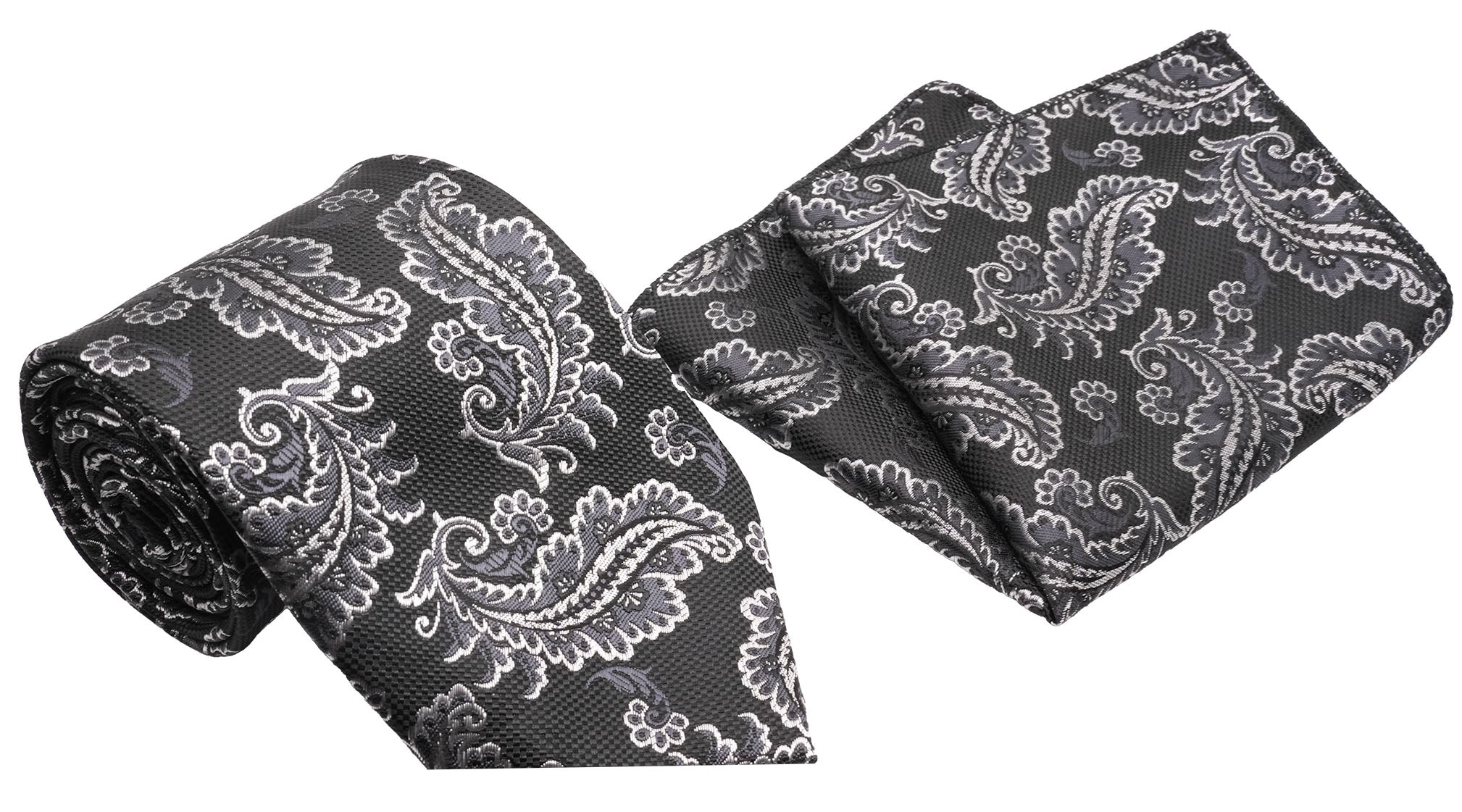 Black Silver Scroll Pattern Men's Classic Tie and Pocket Square Set